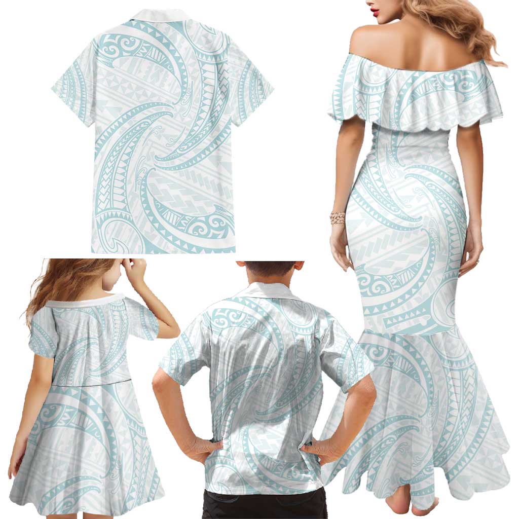 White Sunday Lotu Tamaiti Family Matching Mermaid Dress and Hawaiian Shirt Polynesian Wave Pastel Cyan - Polynesian Pride