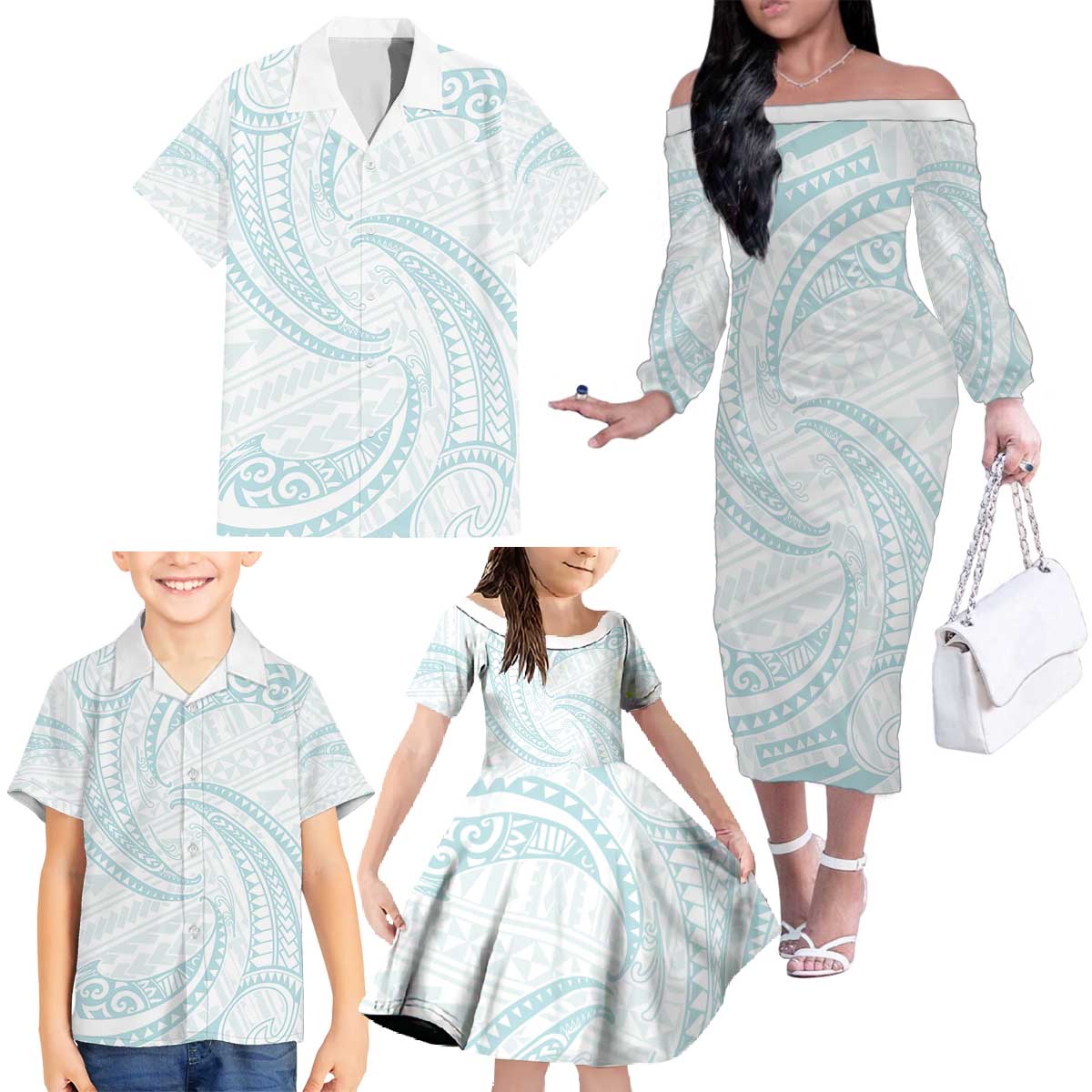 White Sunday Lotu Tamaiti Family Matching Off The Shoulder Long Sleeve Dress and Hawaiian Shirt Polynesian Wave Pastel Cyan - Polynesian Pride
