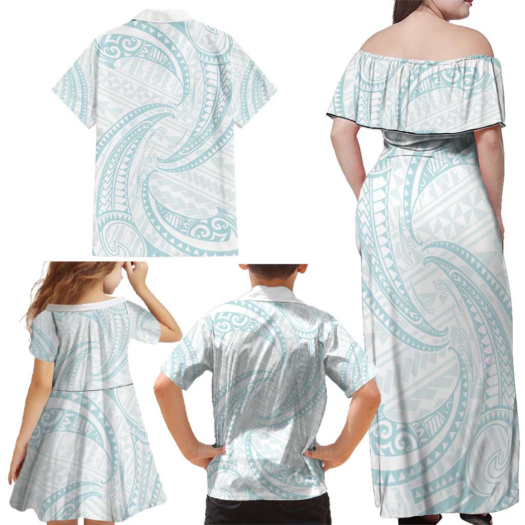 White Sunday Lotu Tamaiti Family Matching Off Shoulder Maxi Dress and Hawaiian Shirt Polynesian Wave Pastel Cyan - Polynesian Pride