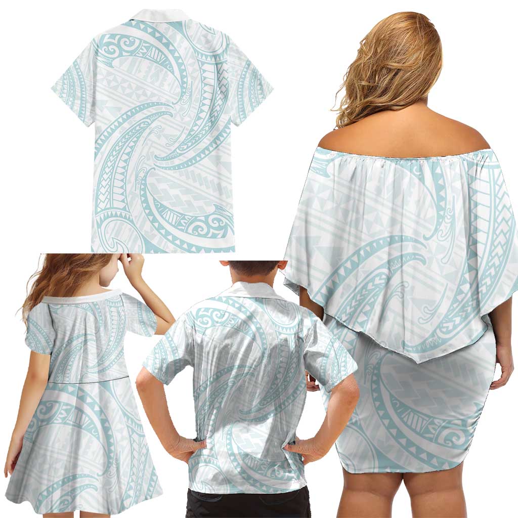 White Sunday Lotu Tamaiti Family Matching Off Shoulder Short Dress and Hawaiian Shirt Polynesian Wave Pastel Cyan LT9 - Polynesian Pride