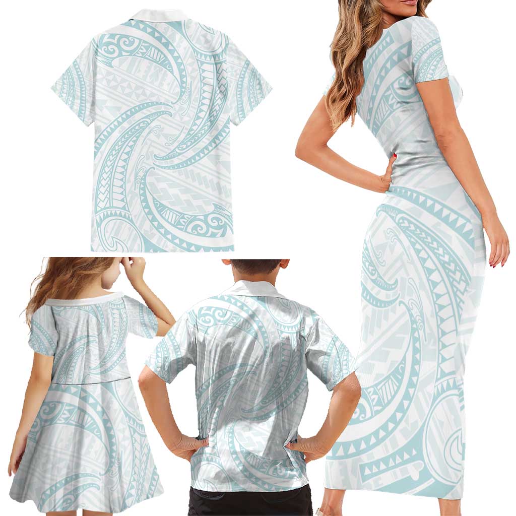 White Sunday Lotu Tamaiti Family Matching Short Sleeve Bodycon Dress and Hawaiian Shirt Polynesian Wave Pastel Cyan - Polynesian Pride