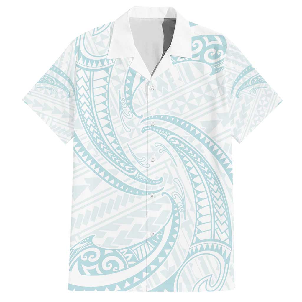 White Sunday Lotu Tamaiti Family Matching Short Sleeve Bodycon Dress and Hawaiian Shirt Polynesian Wave Pastel Cyan - Polynesian Pride