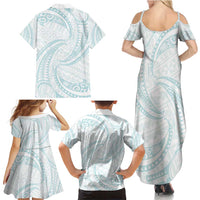 White Sunday Lotu Tamaiti Family Matching Summer Maxi Dress and Hawaiian Shirt Polynesian Wave Pastel Cyan - Polynesian Pride
