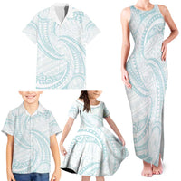White Sunday Lotu Tamaiti Family Matching Tank Maxi Dress and Hawaiian Shirt Polynesian Wave Pastel Cyan - Polynesian Pride