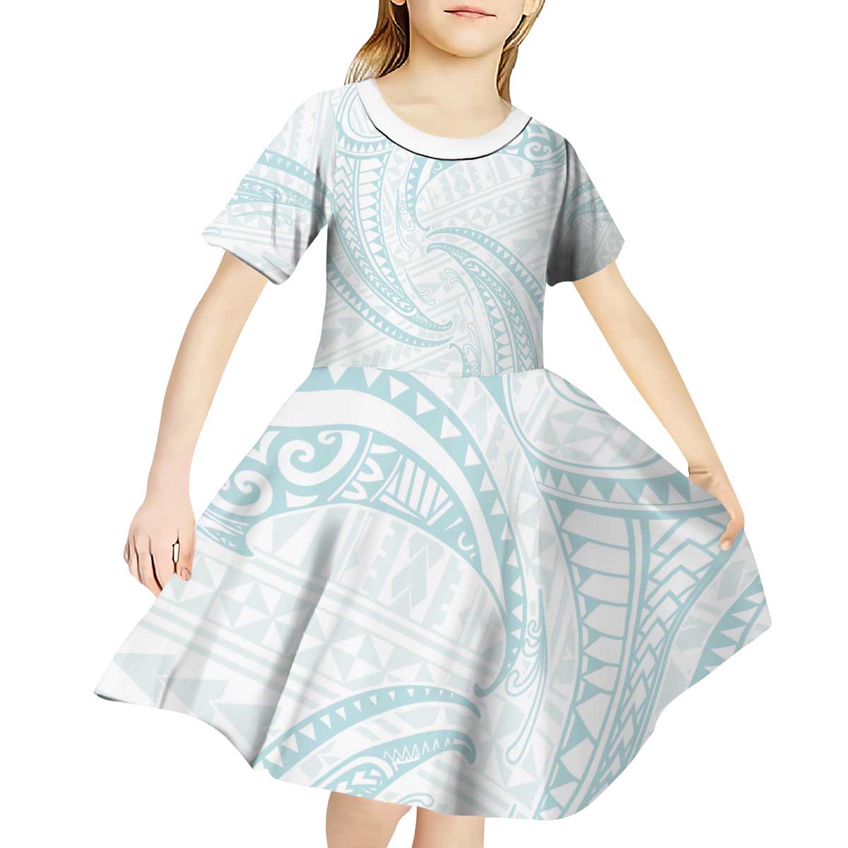 White Sunday Lotu Tamaiti Kid Short Sleeve Dress Polynesian Wave Pastel Cyan - Polynesian Pride