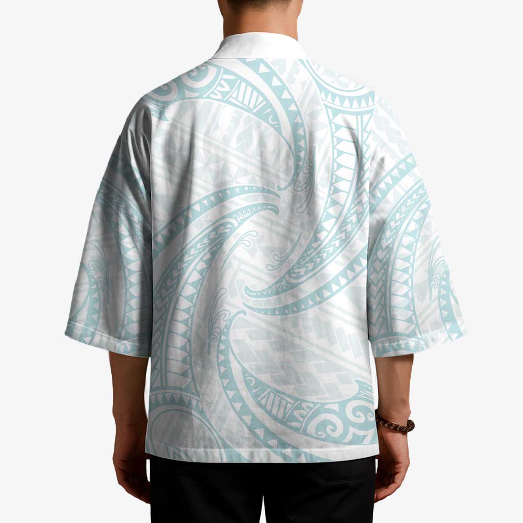 White Sunday Lotu Tamaiti Kimono Polynesian Wave Pastel Cyan - Polynesian Pride
