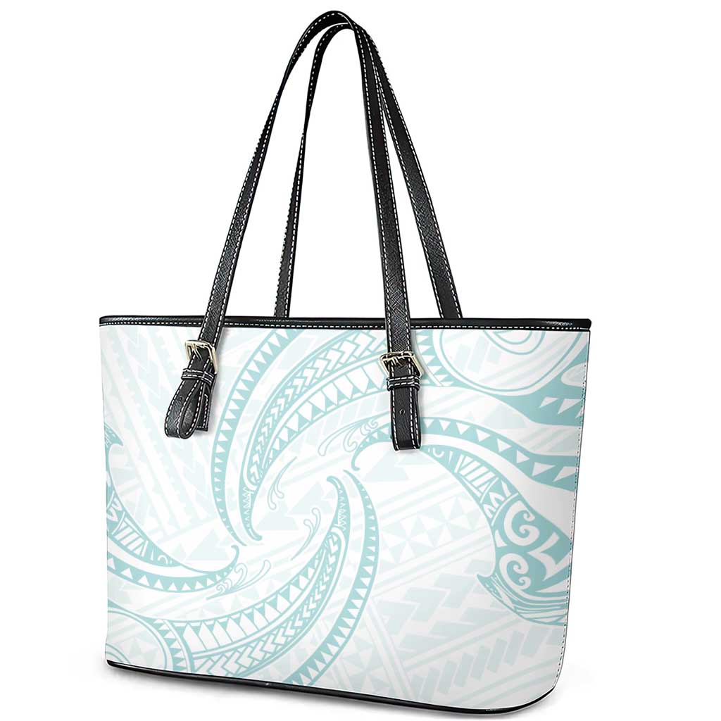 White Sunday Lotu Tamaiti Leather Tote Bag Polynesian Wave Pastel Cyan - Polynesian Pride