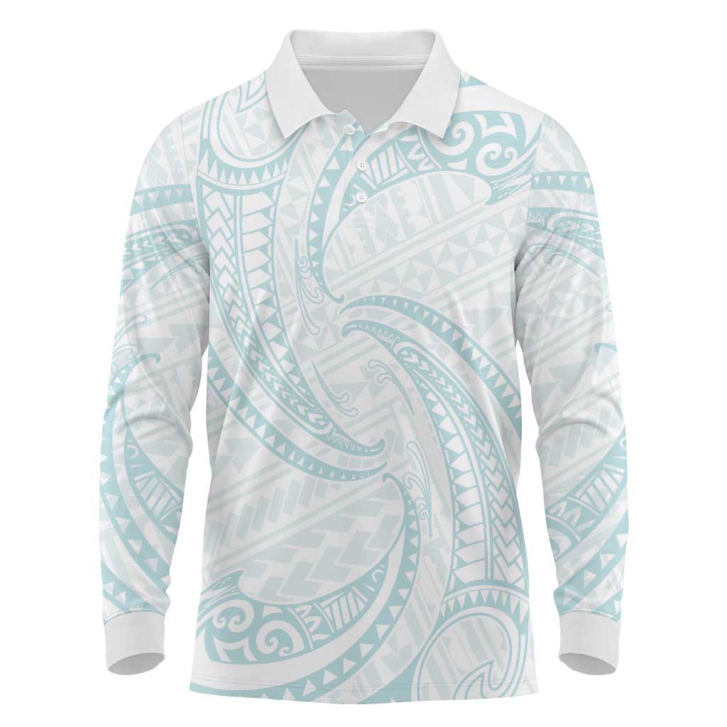 White Sunday Lotu Tamaiti Long Sleeve Polo Shirt Polynesian Wave Pastel Cyan - Polynesian Pride