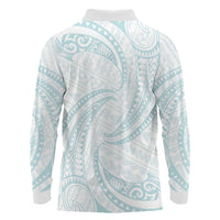 White Sunday Lotu Tamaiti Long Sleeve Polo Shirt Polynesian Wave Pastel Cyan - Polynesian Pride