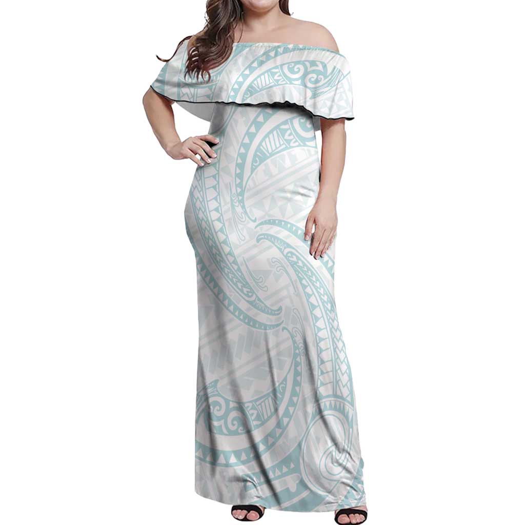 White Sunday Lotu Tamaiti Off Shoulder Maxi Dress Polynesian Wave Pastel Cyan - Polynesian Pride