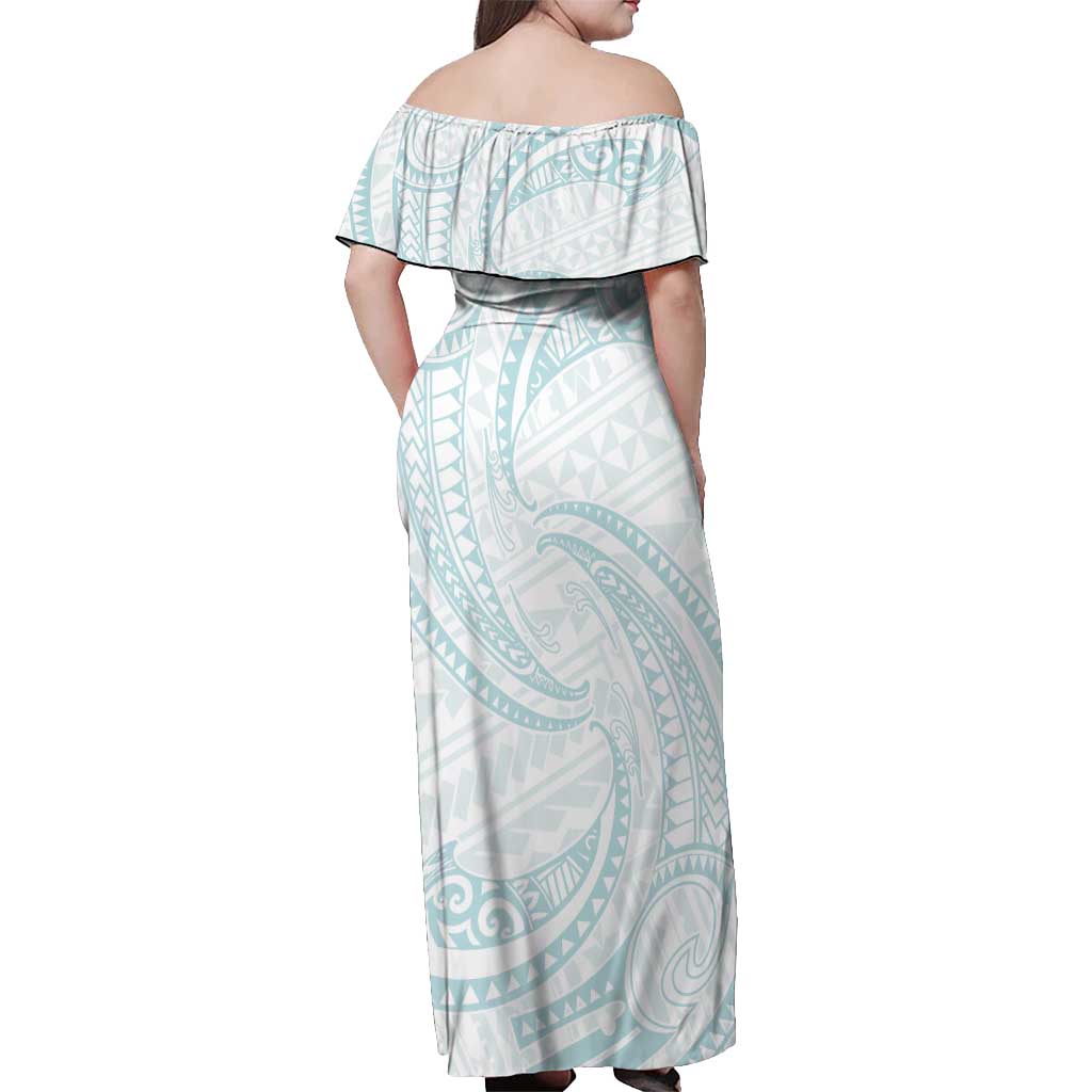 White Sunday Lotu Tamaiti Off Shoulder Maxi Dress Polynesian Wave Pastel Cyan - Polynesian Pride