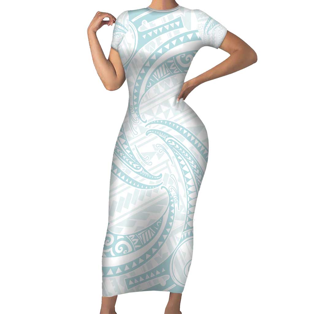 White Sunday Lotu Tamaiti Short Sleeve Bodycon Dress Polynesian Wave Pastel Cyan - Polynesian Pride