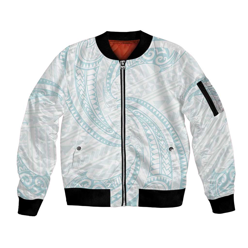 White Sunday Lotu Tamaiti Sleeve Zip Bomber Jacket Polynesian Wave Pastel Cyan LT9 Unisex Cyan - Polynesian Pride
