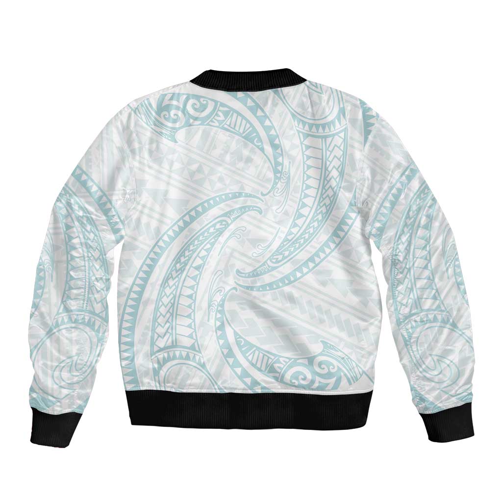 White Sunday Lotu Tamaiti Sleeve Zip Bomber Jacket Polynesian Wave Pastel Cyan - Polynesian Pride