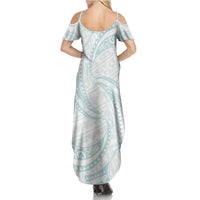 White Sunday Lotu Tamaiti Summer Maxi Dress Polynesian Wave Pastel Cyan - Polynesian Pride