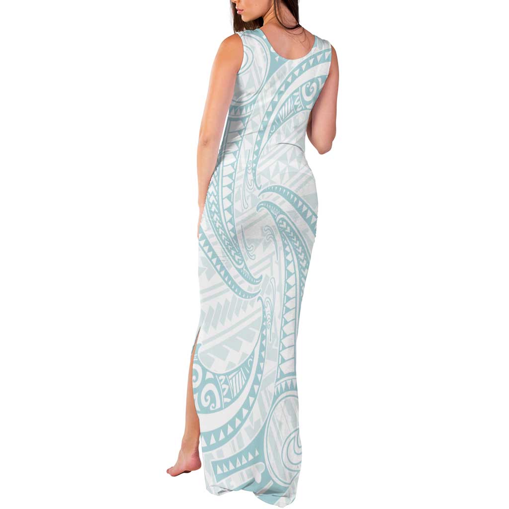 White Sunday Lotu Tamaiti Tank Maxi Dress Polynesian Wave Pastel Cyan - Polynesian Pride