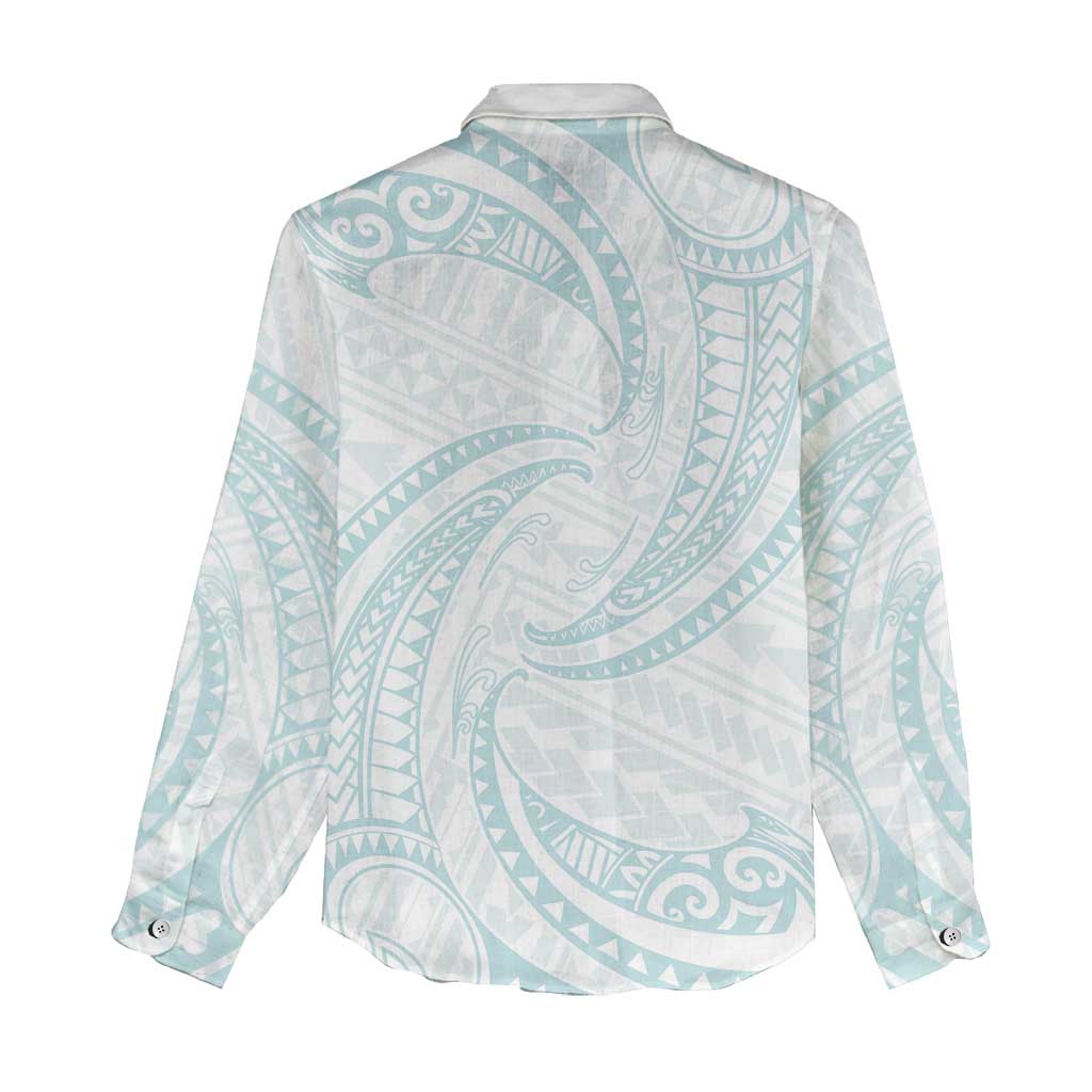 White Sunday Lotu Tamaiti Women Casual Shirt Polynesian Wave Pastel Cyan - Polynesian Pride