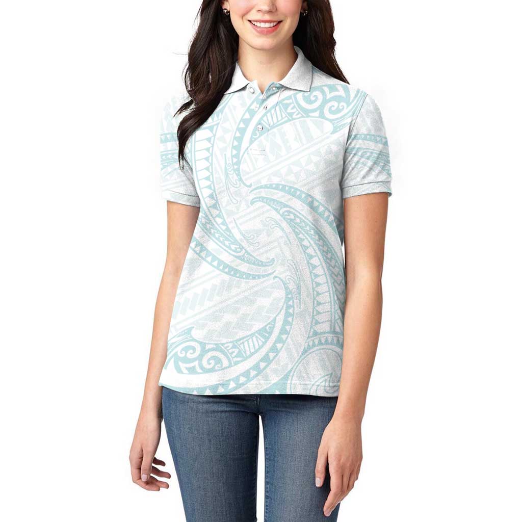White Sunday Lotu Tamaiti Women Polo Shirt Polynesian Wave Pastel Cyan - Polynesian Pride