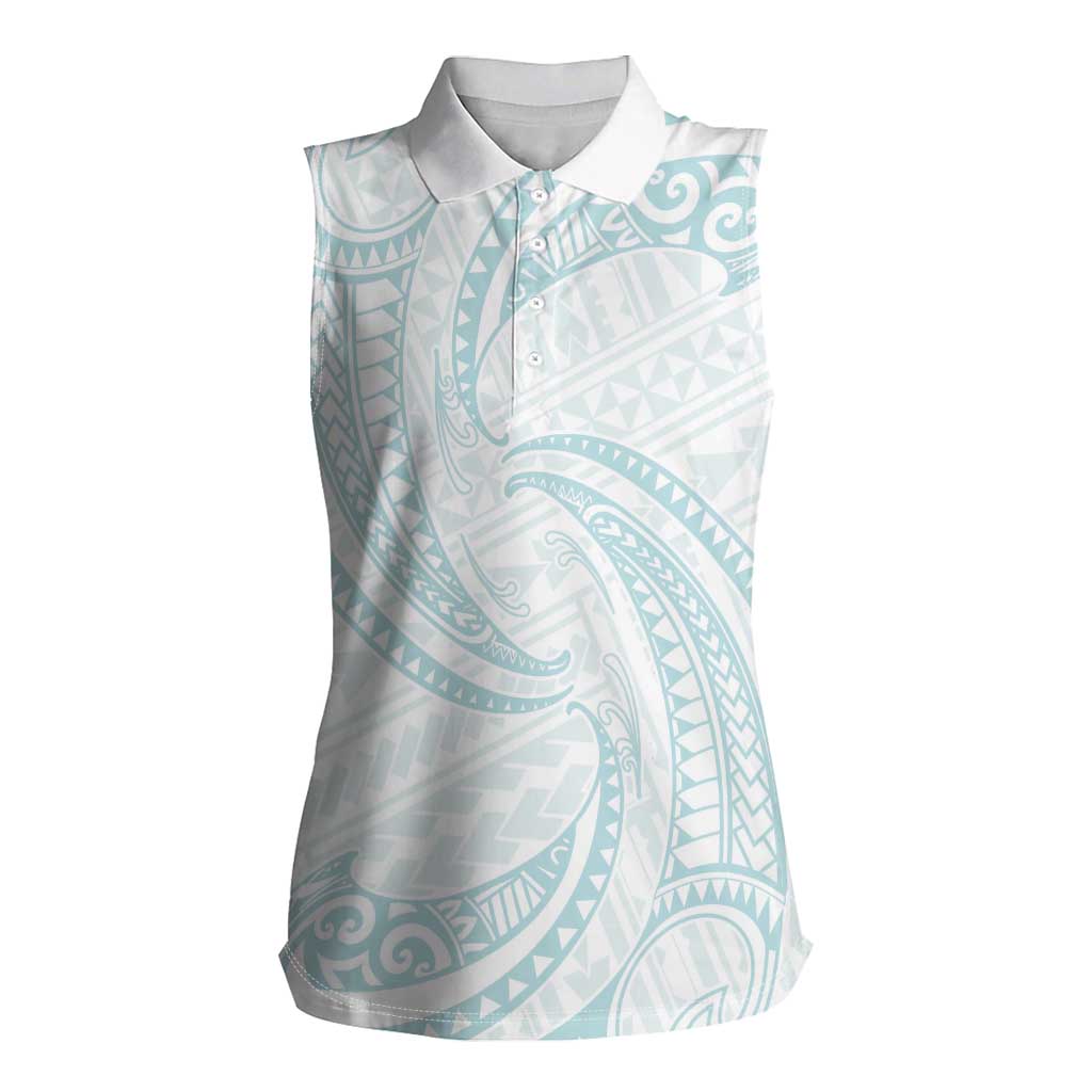 White Sunday Lotu Tamaiti Women Sleeveless Polo Shirt Polynesian Wave Pastel Cyan - Polynesian Pride