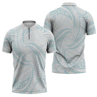 White Sunday Lotu Tamaiti Zipper Polo Shirt Polynesian Wave Pastel Cyan - Polynesian Pride