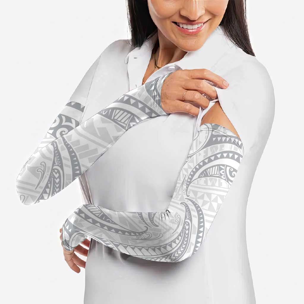 White Sunday Lotu Tamaiti Arm Sleeves Polynesian Wave Pastel Gray - Polynesian Pride