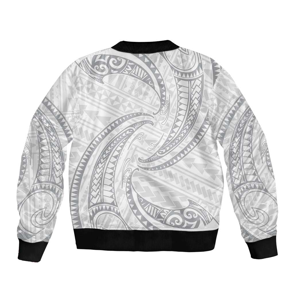 White Sunday Lotu Tamaiti Bomber Jacket Polynesian Wave Pastel Gray - Polynesian Pride