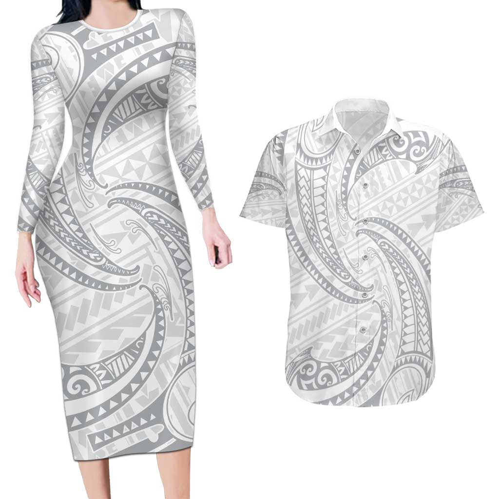 White Sunday Lotu Tamaiti Couples Matching Long Sleeve Bodycon Dress and Hawaiian Shirt Polynesian Wave Pastel Gray - Polynesian Pride