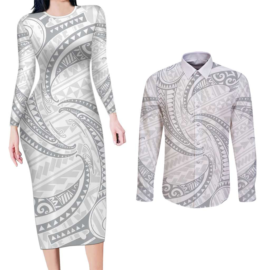 White Sunday Lotu Tamaiti Couples Matching Long Sleeve Bodycon Dress and Long Sleeve Button Shirt Polynesian Wave Pastel Gray - Polynesian Pride