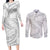 White Sunday Lotu Tamaiti Couples Matching Long Sleeve Bodycon Dress and Long Sleeve Button Shirt Polynesian Wave Pastel Gray - Polynesian Pride