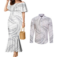White Sunday Lotu Tamaiti Couples Matching Mermaid Dress and Long Sleeve Button Shirt Polynesian Wave Pastel Gray - Polynesian Pride