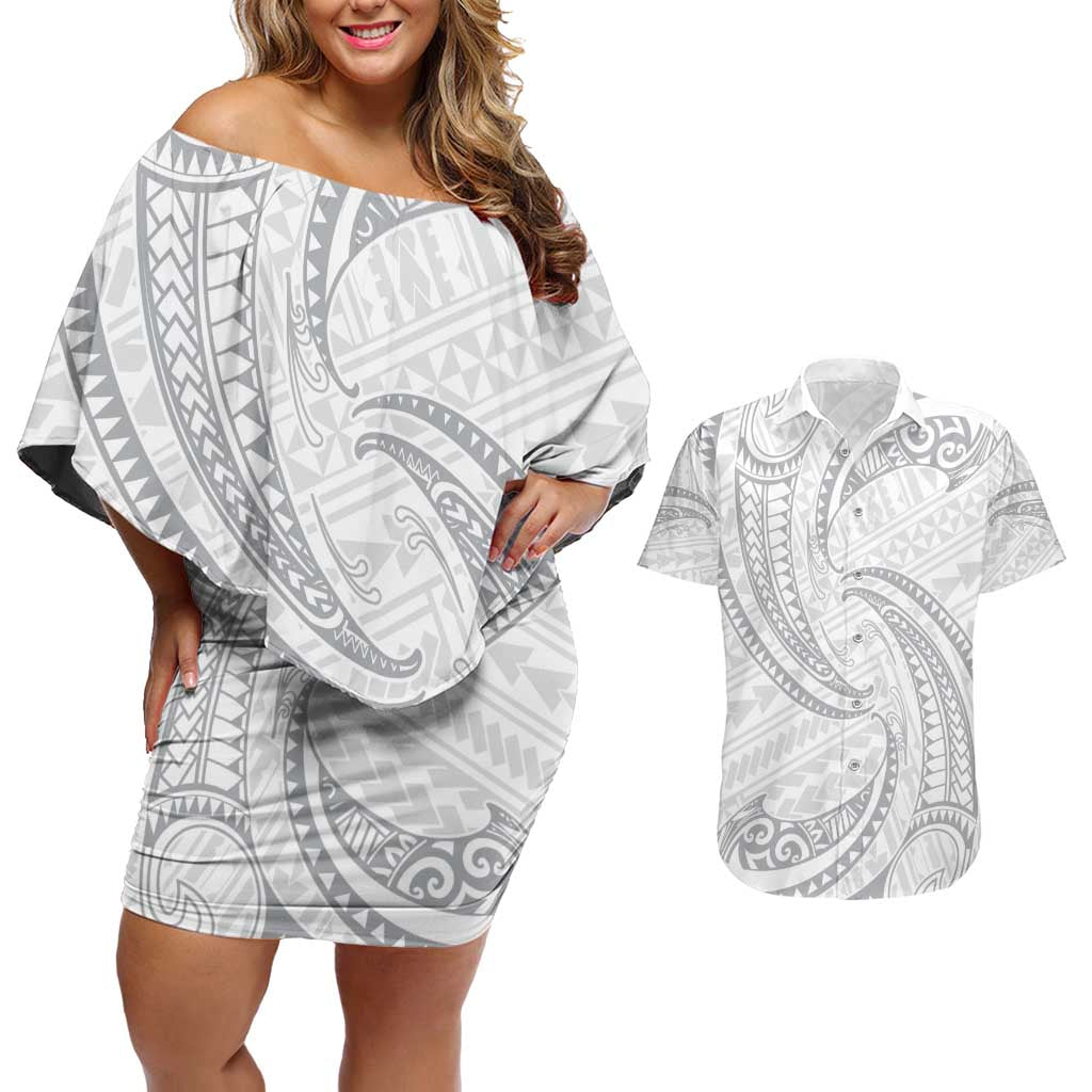 White Sunday Lotu Tamaiti Couples Matching Off Shoulder Short Dress and Hawaiian Shirt Polynesian Wave Pastel Gray - Polynesian Pride