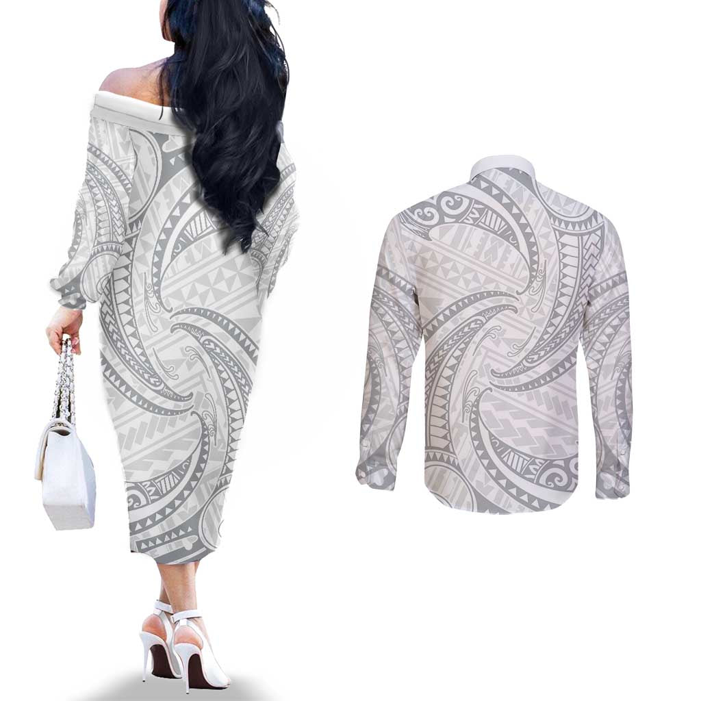 White Sunday Lotu Tamaiti Couples Matching Off The Shoulder Long Sleeve Dress and Long Sleeve Button Shirt Polynesian Wave Pastel Gray - Polynesian Pride