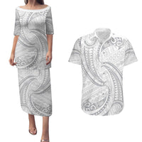 White Sunday Lotu Tamaiti Couples Matching Puletasi and Hawaiian Shirt Polynesian Wave Pastel Gray - Polynesian Pride