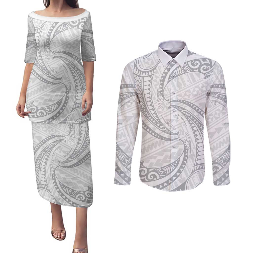 White Sunday Lotu Tamaiti Couples Matching Puletasi and Long Sleeve Button Shirt Polynesian Wave Pastel Gray - Polynesian Pride