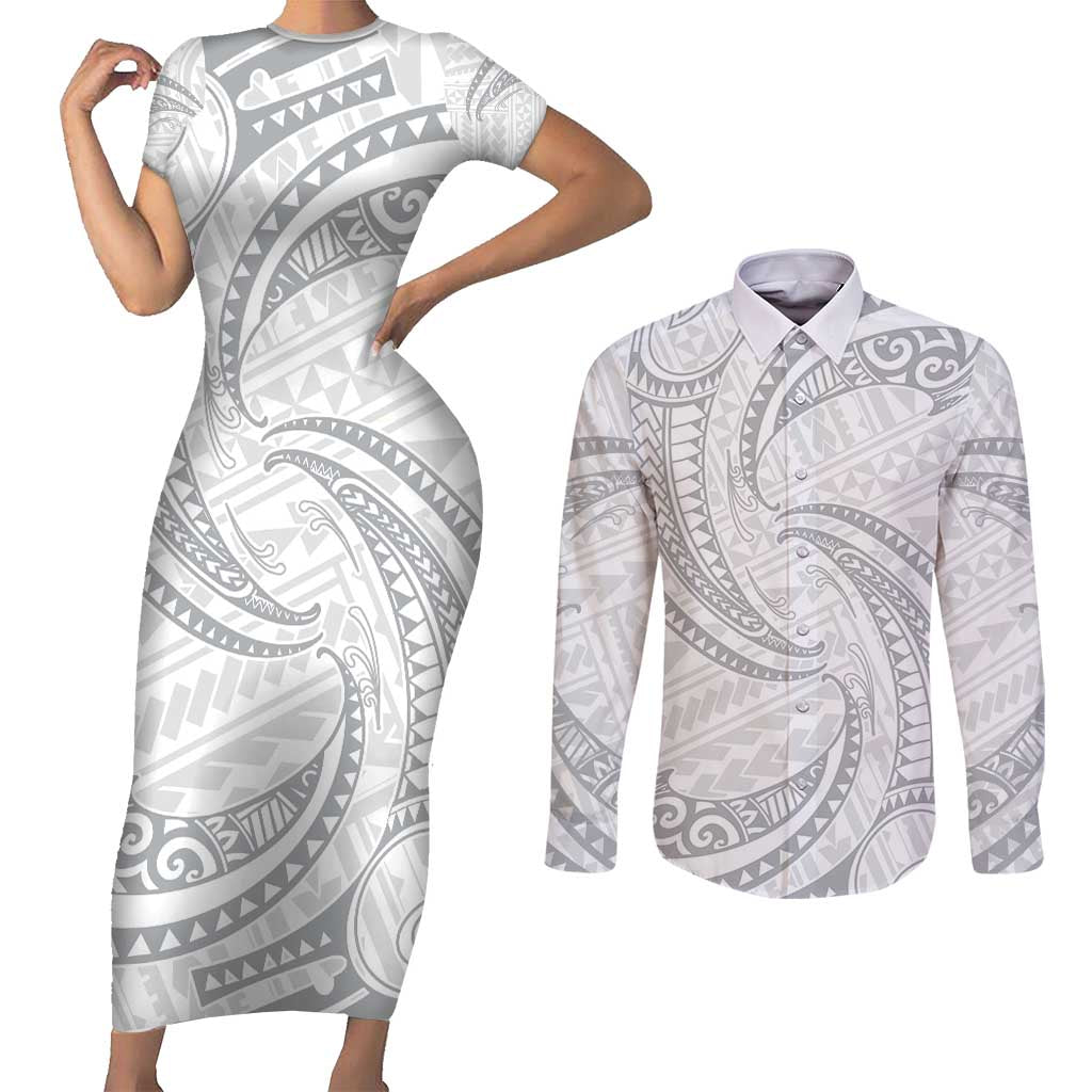 White Sunday Lotu Tamaiti Couples Matching Short Sleeve Bodycon Dress and Long Sleeve Button Shirt Polynesian Wave Pastel Gray - Polynesian Pride