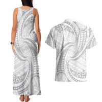 White Sunday Lotu Tamaiti Couples Matching Tank Maxi Dress and Hawaiian Shirt Polynesian Wave Pastel Gray - Polynesian Pride