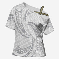 White Sunday Lotu Tamaiti Cross Shoulder Shirt Polynesian Wave Pastel Gray - Polynesian Pride