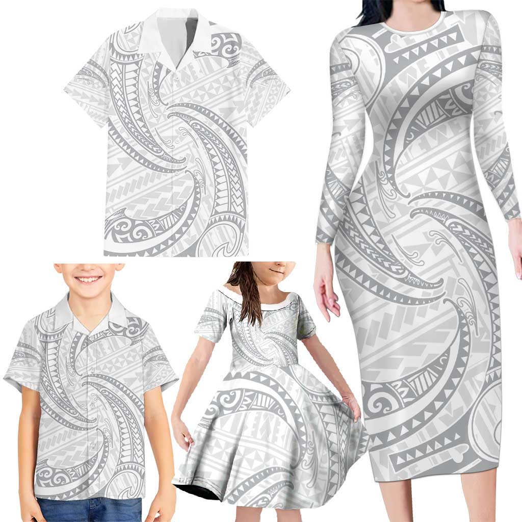White Sunday Lotu Tamaiti Family Matching Long Sleeve Bodycon Dress and Hawaiian Shirt Polynesian Wave Pastel Gray - Polynesian Pride