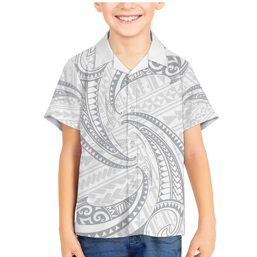 White Sunday Lotu Tamaiti Family Matching Mermaid Dress and Hawaiian Shirt Polynesian Wave Pastel Gray - Polynesian Pride