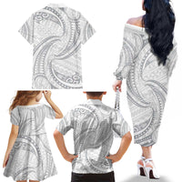 White Sunday Lotu Tamaiti Family Matching Off The Shoulder Long Sleeve Dress and Hawaiian Shirt Polynesian Wave Pastel Gray - Polynesian Pride