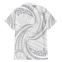 White Sunday Lotu Tamaiti Family Matching Off The Shoulder Long Sleeve Dress and Hawaiian Shirt Polynesian Wave Pastel Gray - Polynesian Pride