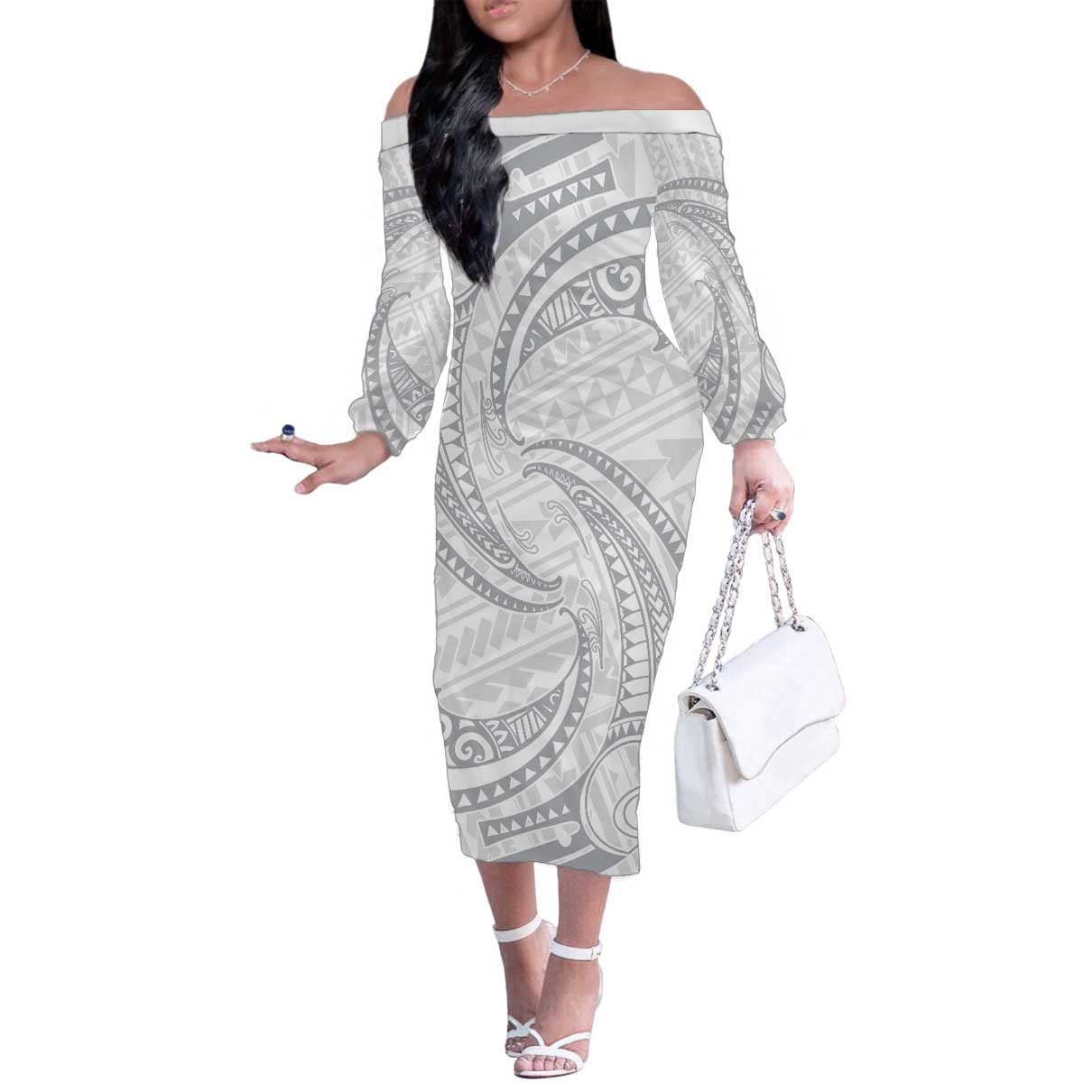 White Sunday Lotu Tamaiti Family Matching Off The Shoulder Long Sleeve Dress and Hawaiian Shirt Polynesian Wave Pastel Gray - Polynesian Pride