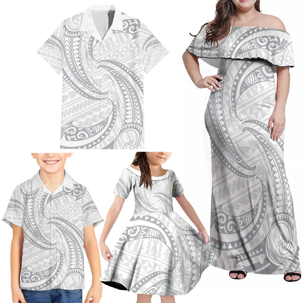 White Sunday Lotu Tamaiti Family Matching Off Shoulder Maxi Dress and Hawaiian Shirt Polynesian Wave Pastel Gray - Polynesian Pride