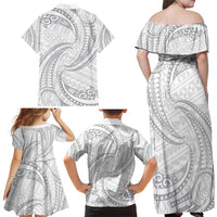 White Sunday Lotu Tamaiti Family Matching Off Shoulder Maxi Dress and Hawaiian Shirt Polynesian Wave Pastel Gray - Polynesian Pride