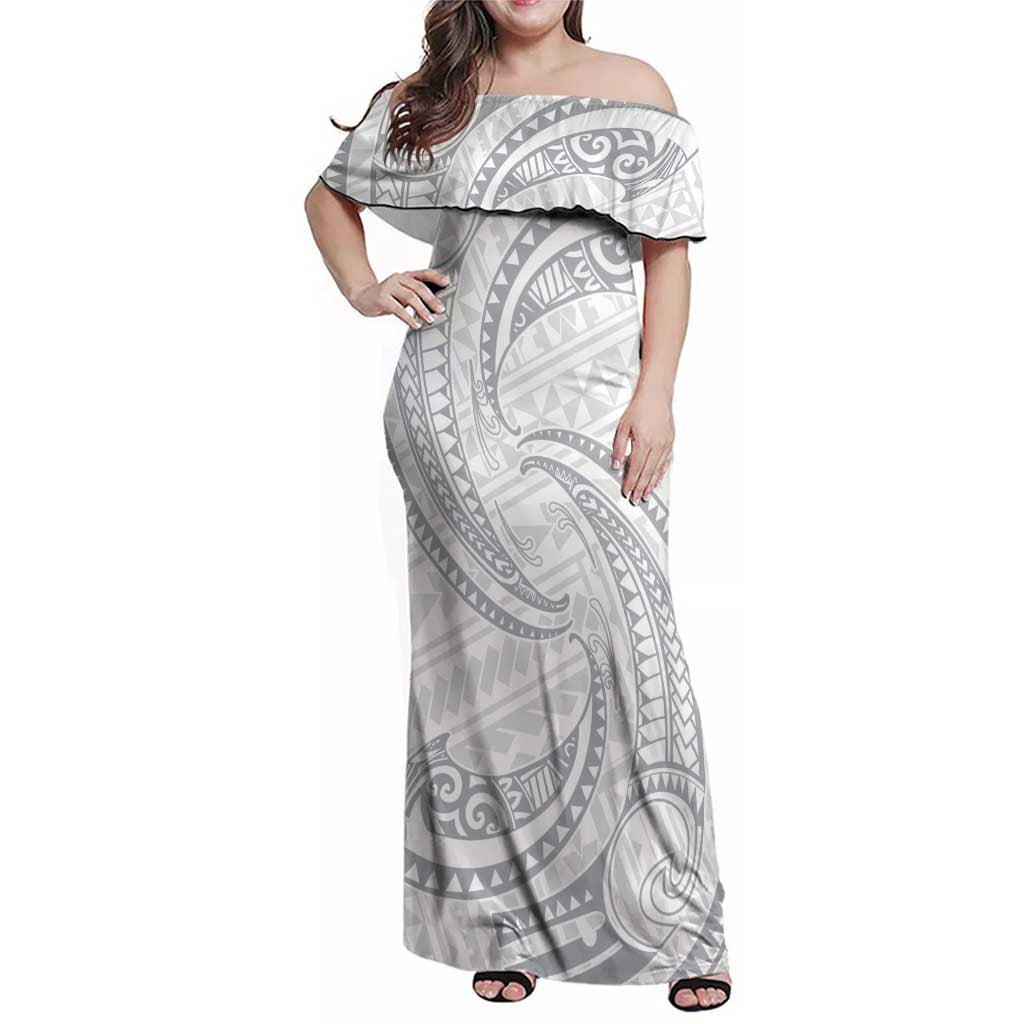 White Sunday Lotu Tamaiti Family Matching Off Shoulder Maxi Dress and Hawaiian Shirt Polynesian Wave Pastel Gray - Polynesian Pride
