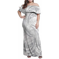 White Sunday Lotu Tamaiti Family Matching Off Shoulder Maxi Dress and Hawaiian Shirt Polynesian Wave Pastel Gray - Polynesian Pride