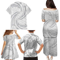 White Sunday Lotu Tamaiti Family Matching Puletasi and Hawaiian Shirt Polynesian Wave Pastel Gray - Polynesian Pride