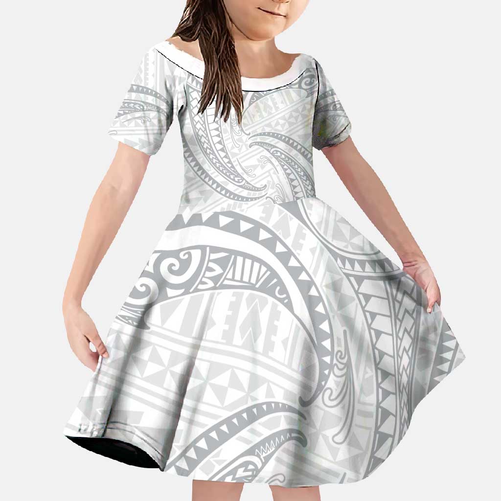 White Sunday Lotu Tamaiti Family Matching Short Sleeve Bodycon Dress and Hawaiian Shirt Polynesian Wave Pastel Gray - Polynesian Pride