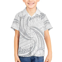 White Sunday Lotu Tamaiti Family Matching Short Sleeve Bodycon Dress and Hawaiian Shirt Polynesian Wave Pastel Gray - Polynesian Pride