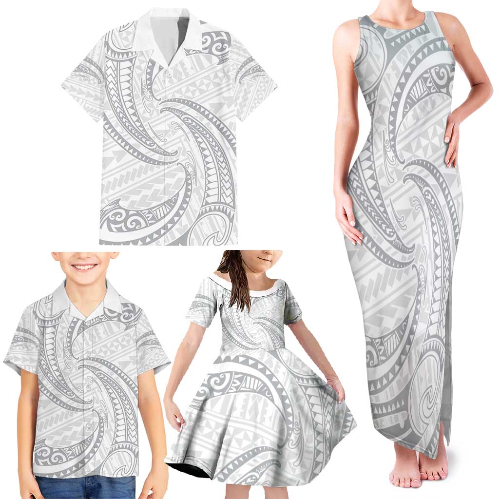 White Sunday Lotu Tamaiti Family Matching Tank Maxi Dress and Hawaiian Shirt Polynesian Wave Pastel Gray - Polynesian Pride